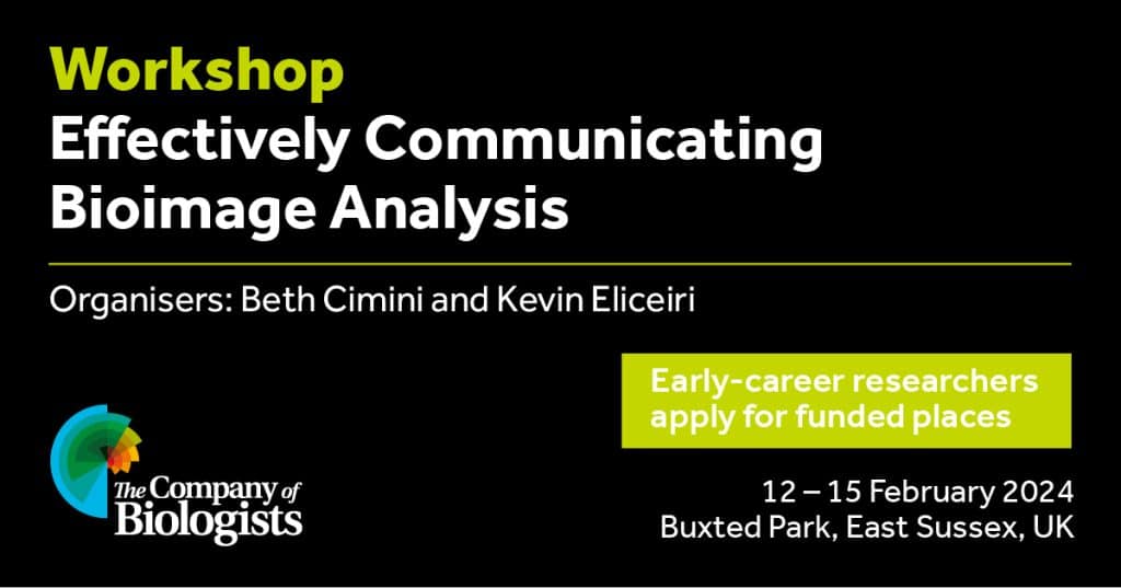 Banner for Workshop on Effectively Communicating Bioimage Analysis. organised by Beth Cimini and Kevin Eliceiri with The Company of Biologists. Dates: 12-15 February 2024