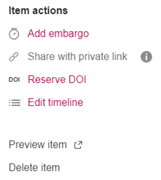 Screenshot of section "Item actions" that is placed on the right of the screen in Figshare. 