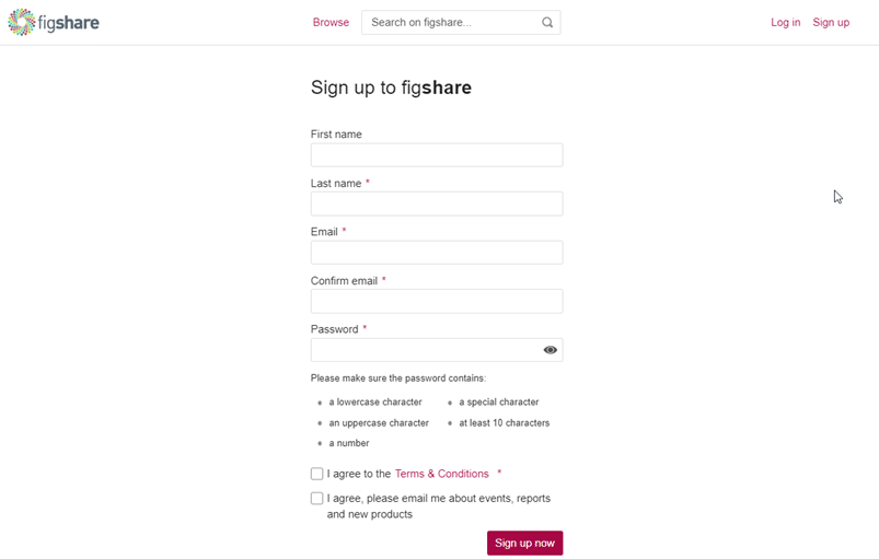 Screenshot of Figshare sign-up page to create an account.