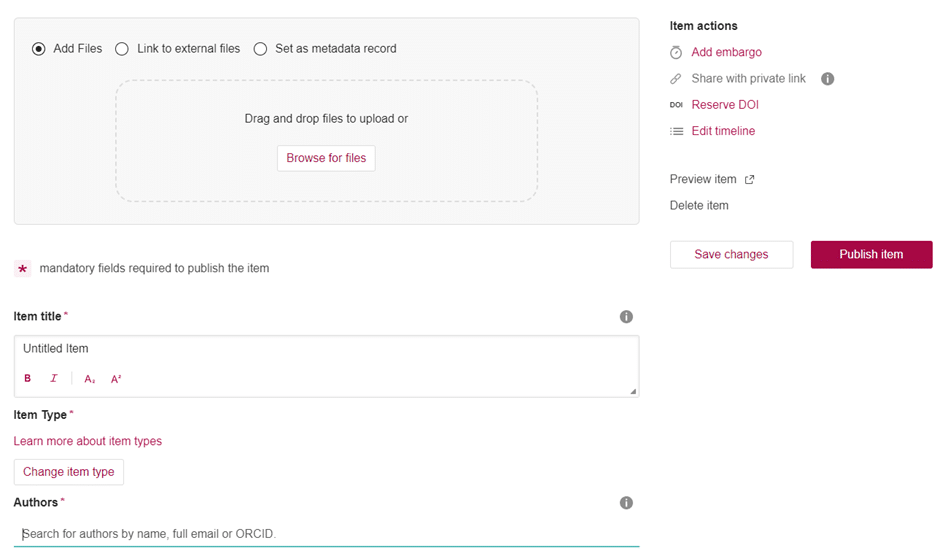 Screenshot of screen that appears after selecting "+Create a new item" on Figshare. The first section contains boxes to add data/content and information about title, itme type, and authors.