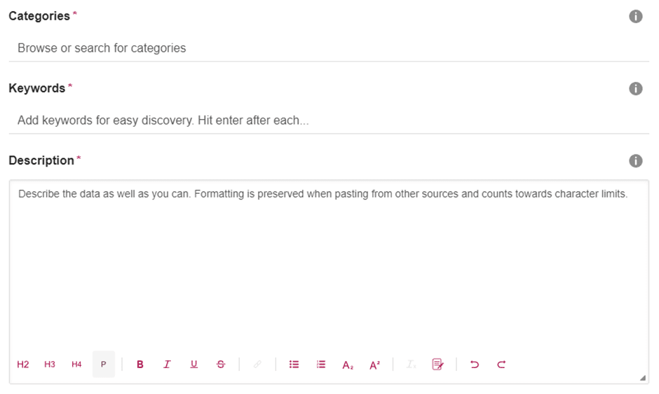 Screenshot of the next section to add information, which contains categories, keywords, and description.