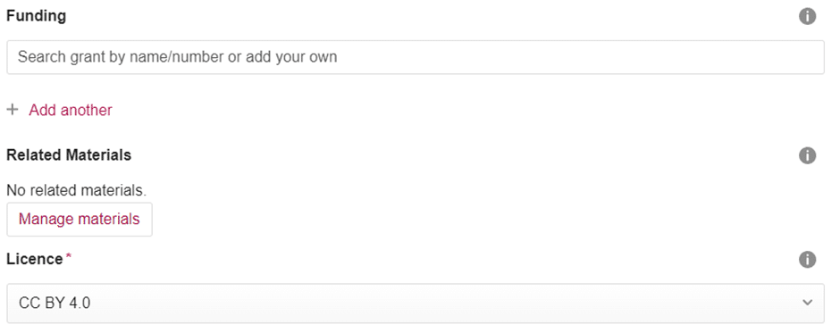 Screenshot of the last section of the screen, containing sections on funding, related materials, and licence.